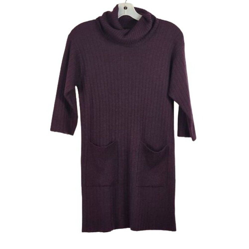 Tweeds Merino Blend Sweater Dress M Purple Turtleneck 3/4 Sleeves Office Casual